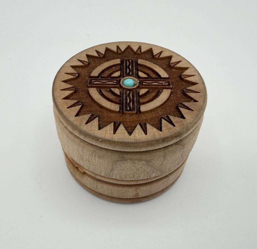 Carved Wooden Small Lidded Trinket Box 1.5” Dream Box Turquoise Inlay Detail